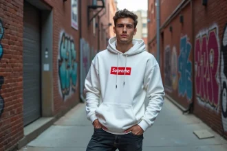 Jeune homme portant un hoodie Supreme box logo blanc dans une ruelle urbaine avec street art, illustrant le style streetwear authentique