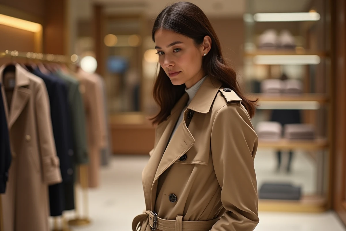 Femme élégante portant un trench coat Burberry beige dans une boutique de luxe, mettant en valeur les codes visuels d'une grande marque de vêtements