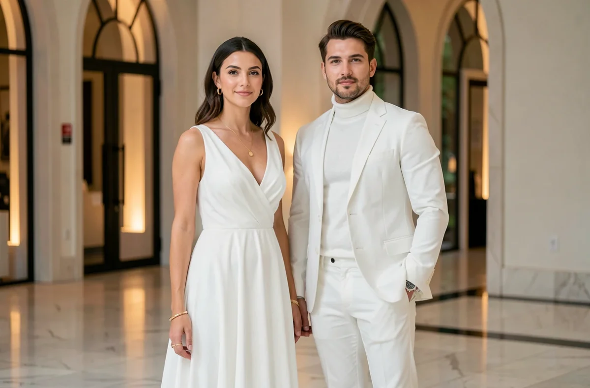 Femme en robe blanche en chiffon et homme en blazer blanc à col roulé dans un espace luxueux avec sol en marbre