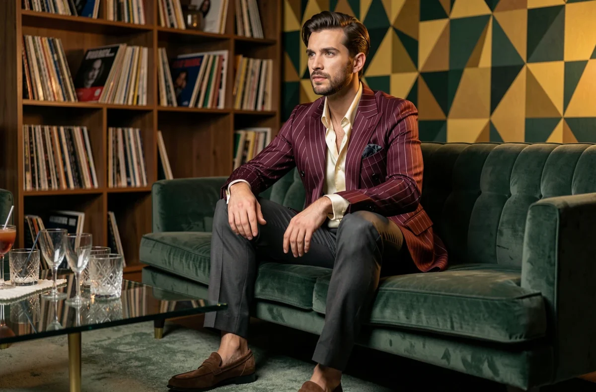Homme assis en blazer bordeaux rayé craie et chemise satin crème dans un décor de soirée cocktail rétro avec vinyles et papier peint géométrique