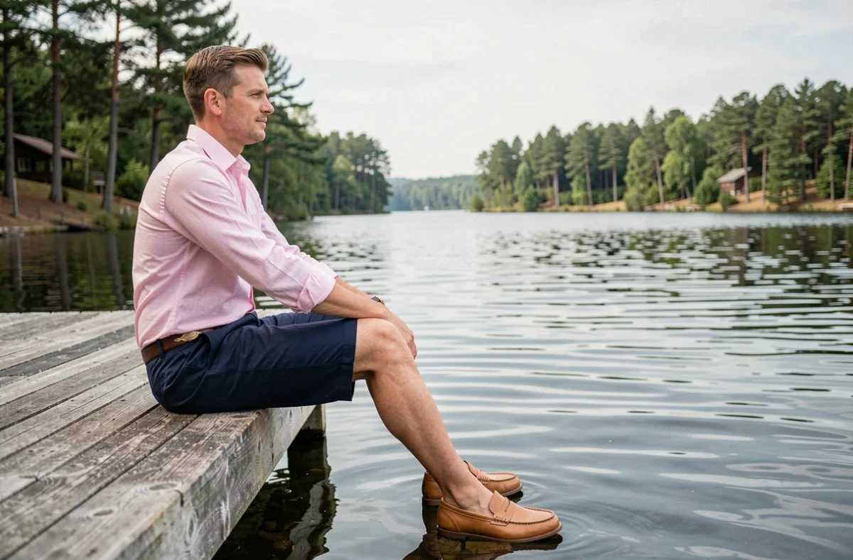Homme en tenue preppy rose Oxford et short chino marine assis sur un ponton en bois au bord d'un lac, style équestre estival