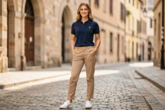 Femme en polo preppy marine avec logo cheval brodé et chino beige dans une rue pavée européenne, style Ralph Lauren assumé
