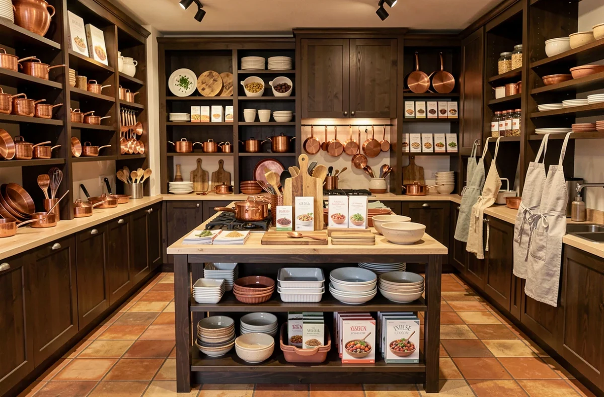 Intérieur de Ma Grande Cuisine à Machecoul-Saint-Même avec ustensiles professionnels, batterie de cuisine artisanale, planches à découper et céramiques culinaires sur des présentoirs en bois sombre