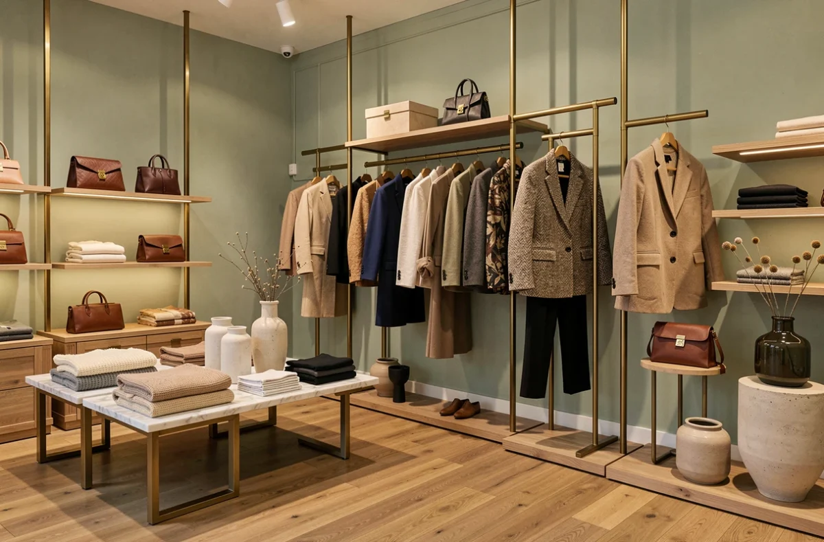 Intérieur raffiné du Madeleine Store à Angers avec mode féminine élégante, accessoires en cuir et objets de décoration sur des présentoirs en chêne et laiton brossé