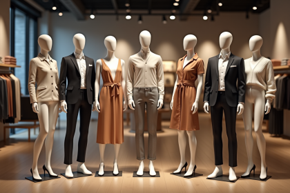 Groupe de mannequins en vitrine moderne avec vêtements tendance