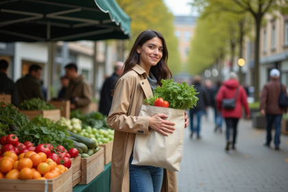 Jeune femme souriante avec sac bio au marché urbain
