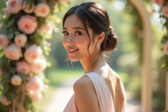 Invitée élégante avec chignon et robe pastel lors d'un mariage