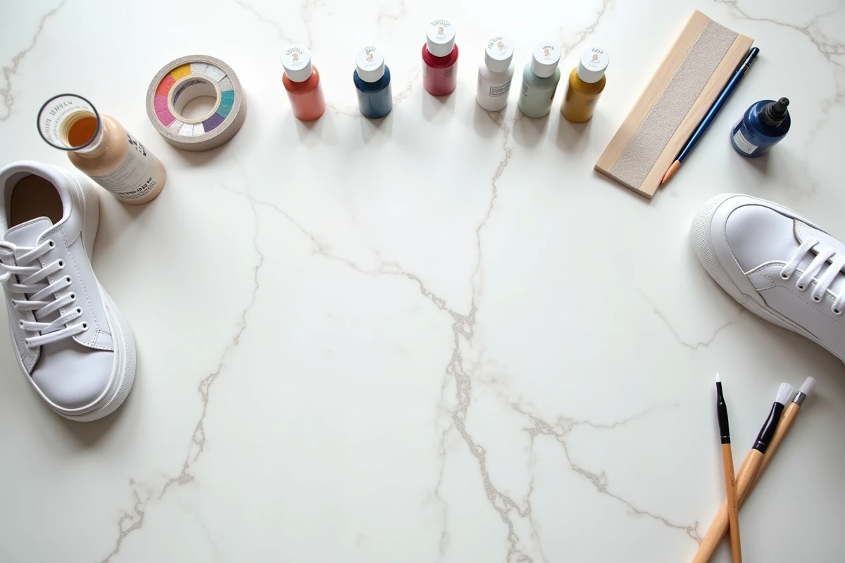 Vue aérienne du matériel indispensable pour peindre des sneakers débutant : peintures, pinceaux et accessoires