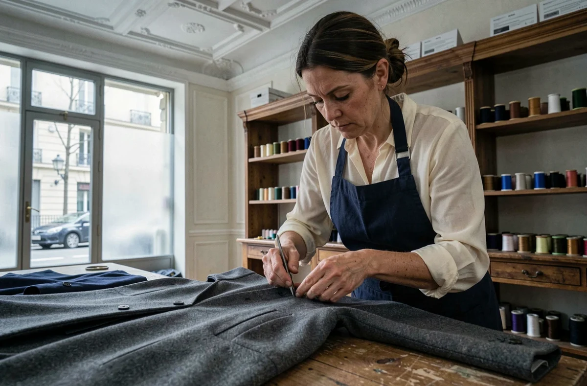 Couturière réalisant une retouche de précision sur un manteau en laine dans un atelier du 6e arrondissement