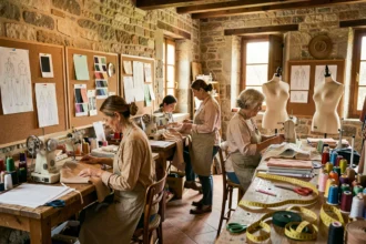 Vue d'ensemble d'un atelier de couture artisanal en Occitanie avec plusieurs couturières au travail