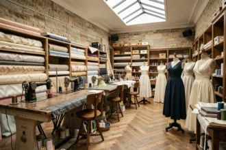 Atelier de couture parisien avec machines à coudre, mannequins et étoffes colorées