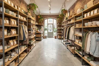 Intérieur d'un concept store typique des Pays de la Loire avec produits artisanaux locaux, mode et accessoires lifestyle sur des étagères en bois brut