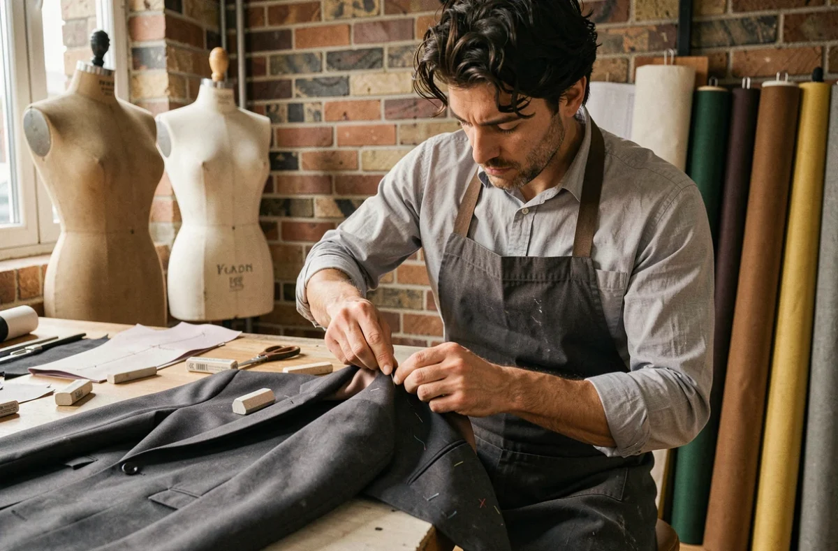Couturier Michael cousant à la main la doublure d'un veston sur mesure dans son atelier parisien