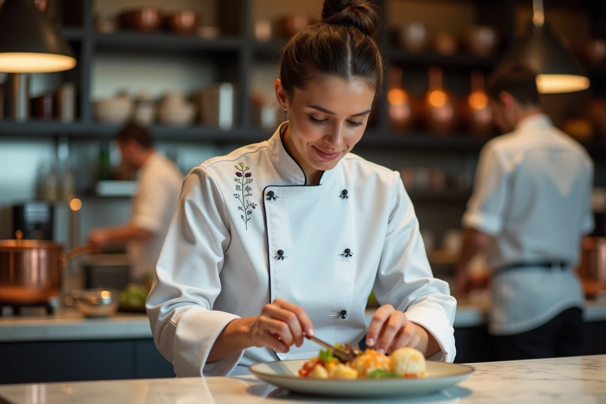 Cheffe cuisinière française en toque blanche réalisant le dressage d'un plat gastronomique dans une cuisine de restaurant étoilé