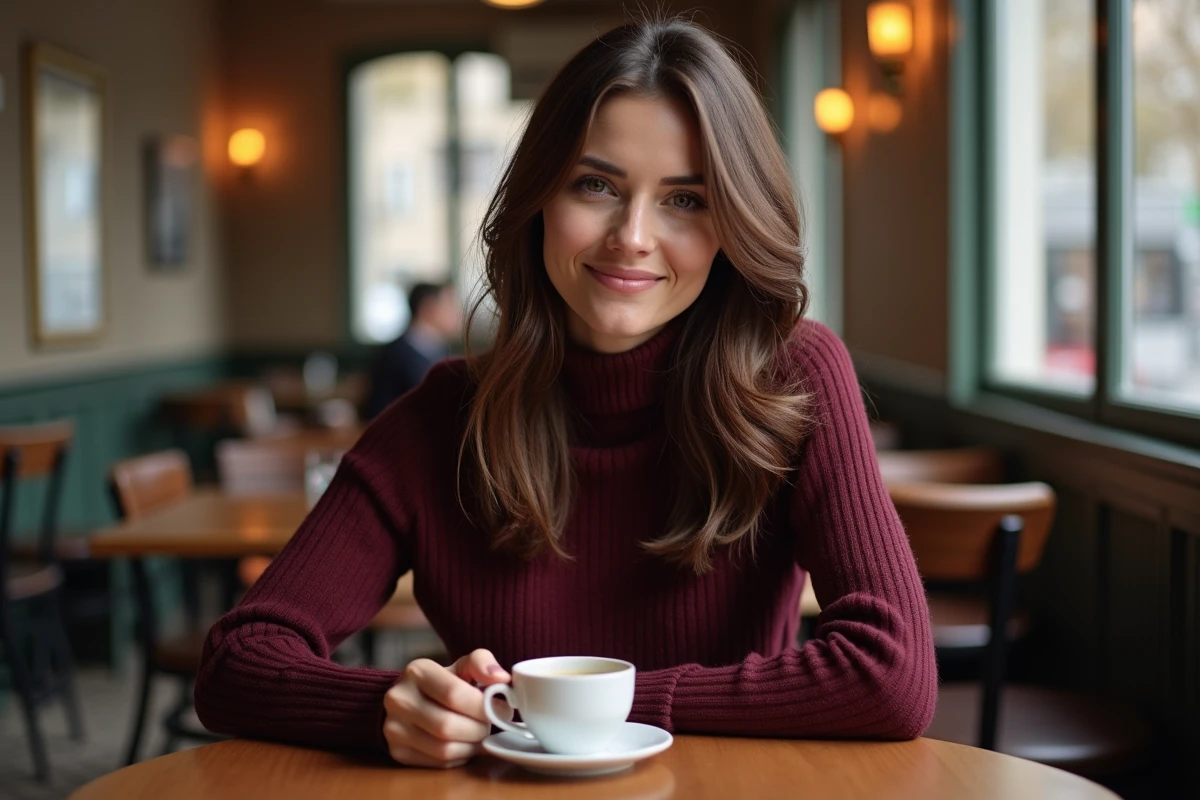 Jeune femme française détendue dans un bistrot parisien vintage portant un col roulé bordeaux tenant une tasse d'expresso