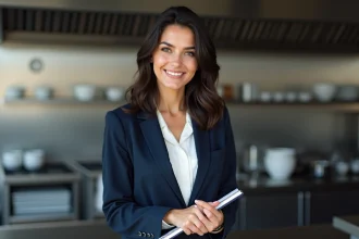 Jeune femme cheffe cuisinière française aux cheveux bruns ondulés en veste marine dans une cuisine professionnelle moderne