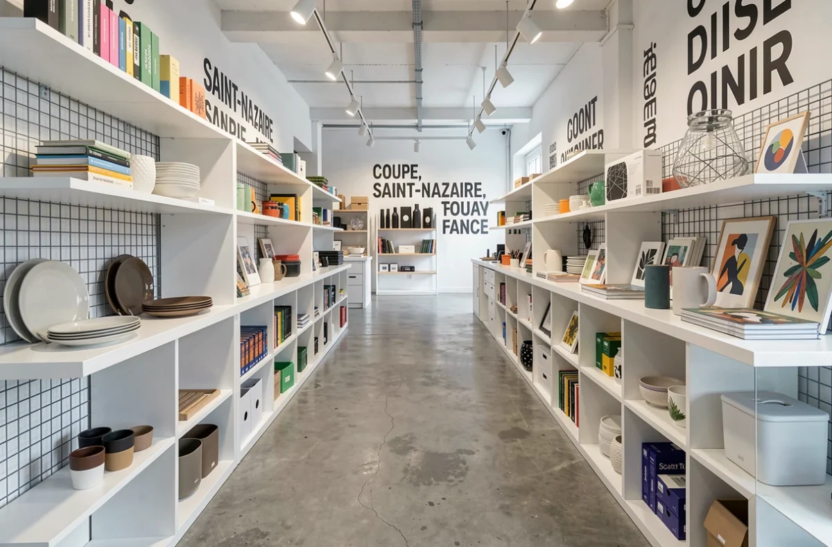Concept store Pas Que Beau à Saint-Nazaire avec objets du quotidien design, vaisselle et papeterie durable exposés sur des étagères modulaires blanches dans un espace contemporain