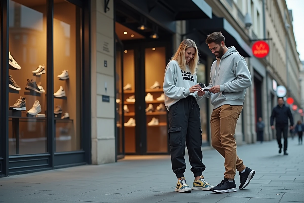Deux passionnés de sneakers en tenue streetwear examinent une paire devant la vitrine d'un shop indépendant dans le centre-ville de Nantes
