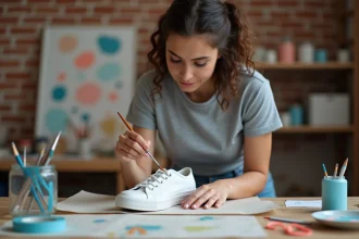 Jeune femme appliquant de la peinture acrylique sur une sneaker blanche avec un pinceau fin dans un atelier créatif