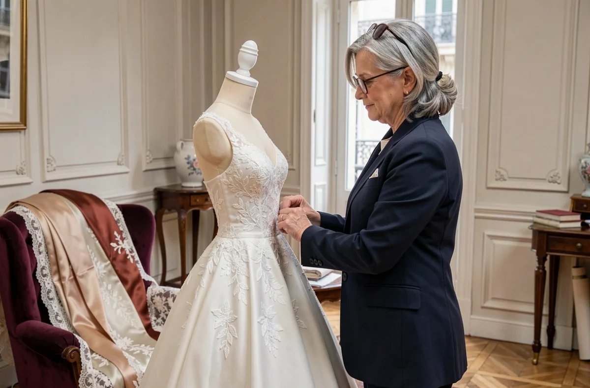 Couturière de l'atelier Périssinotto à Toulouse cousant à la main une robe de mariée élaborée