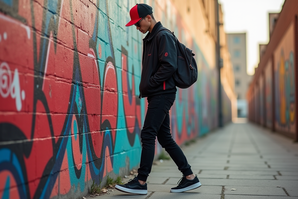 Personne en streetwear marchant devant un mur de graffiti coloré