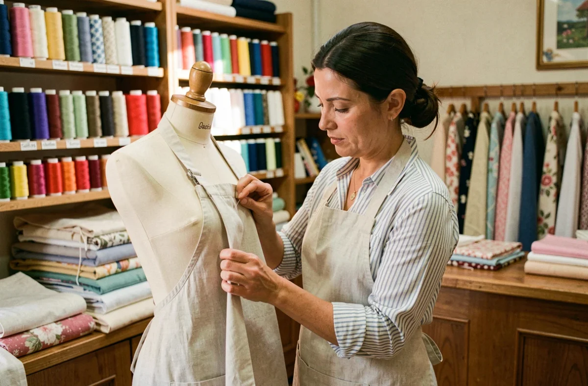 Couturière de l'atelier Pique et Coud à Nîmes épinglant un tissu sur un mannequin de couture