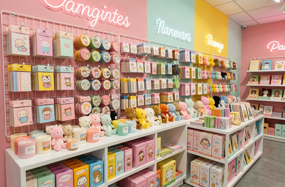 Boutique Ppoppo Mart à Nantes avec papeterie colorée, accessoires kawaii, épingles émaillées et jouets en peluche sur des présentoirs muraux dans un intérieur aux tons pastels