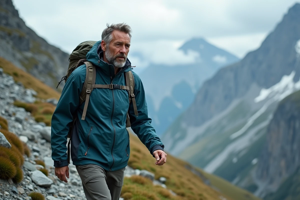 Randonneur portant une veste de montagne durable et technique sur un sentier alpin rocheux au-dessus de la limite des arbres, démontrant la résistance des vêtements de montagne de qualité