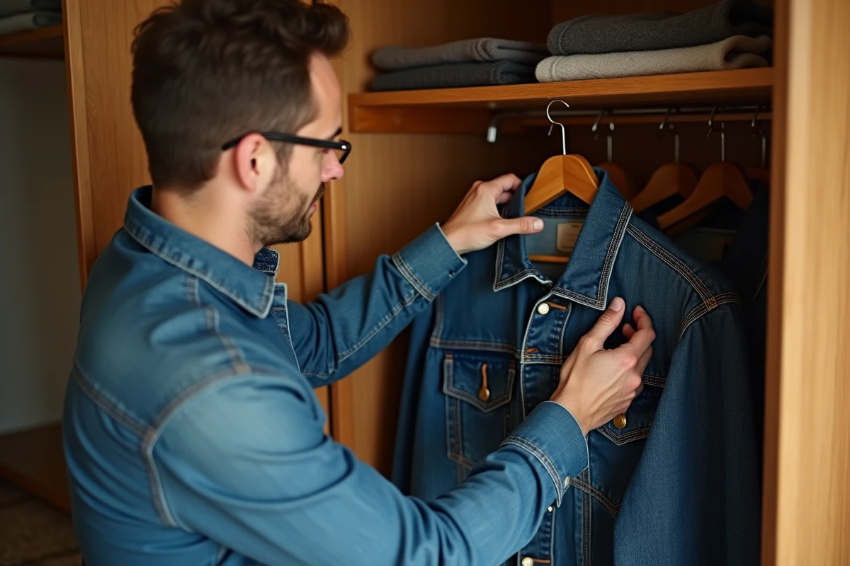 Homme rangeant une veste en jean vintage sur un cintre en bois de cèdre dans une armoire organisée