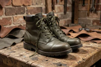 Paire de rangers en cuir vert olive posée sur un établi en bois, mettant en valeur la texture du cuir et la qualité de fabrication