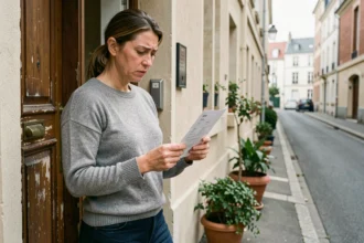 Femme tenant un avis de passage La Poste devant sa porte d'entrée, exprimant sa frustration face à un problème de livraison