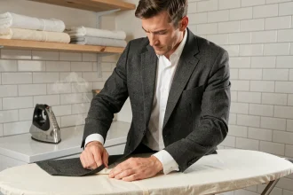 Homme repassant soigneusement la revers d'un costume en laine gris anthracite sur une planche à repasser rembourrée dans une buanderie domestique