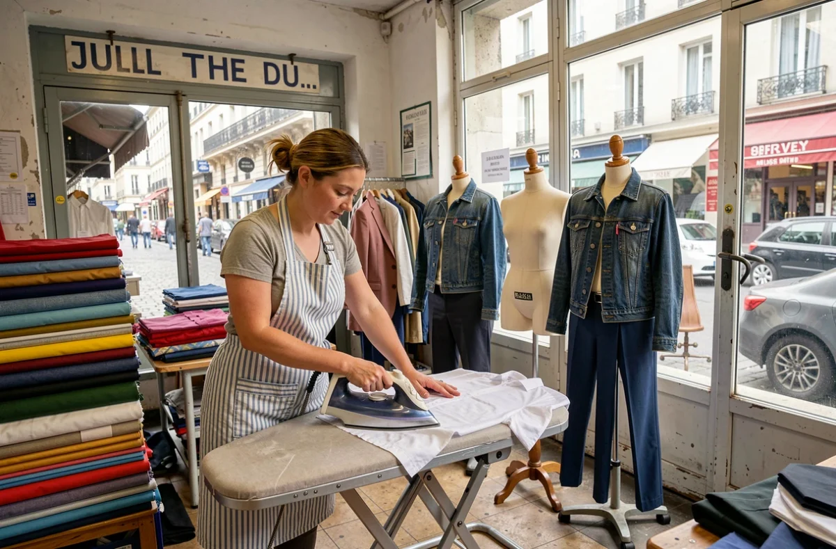 Atelier polyvalent de retouche dans le 20e arrondissement de Paris avec couturière au fer à repasser