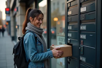 Jeune femme dépose un colis dans un casier extérieur en ville au crépuscule