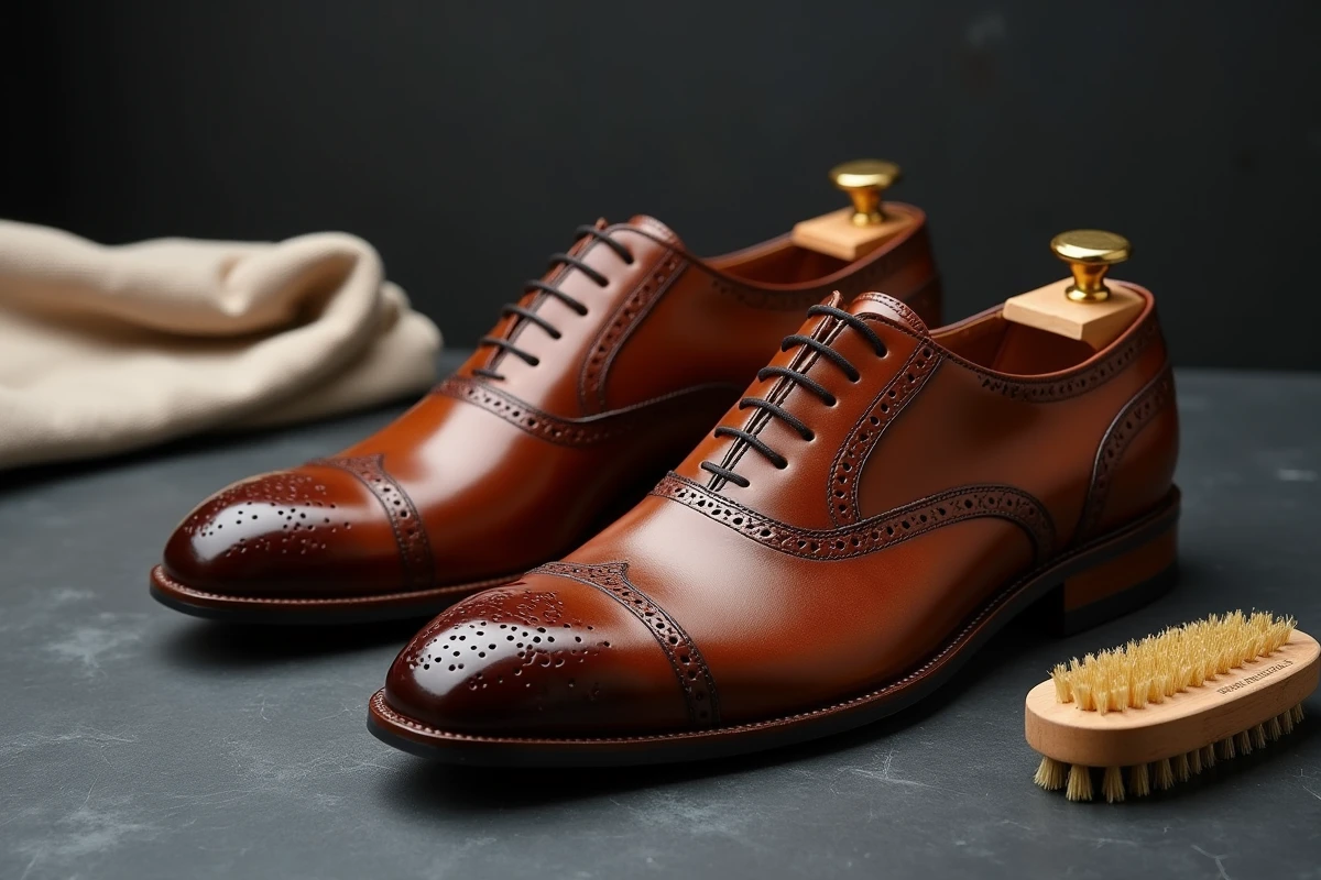 Paire de richelieus brogués en cuir cognac patiné présentée sur une ardoise avec brosse et chiffon en lin