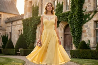 Femme élégante en robe d'été jaune longue à l'entrée d'un château pour un mariage
