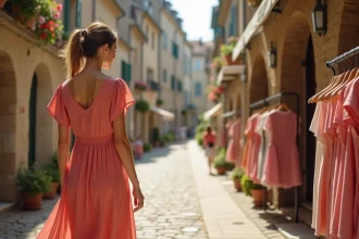 Jeune femme portant une robe évasée corail dans une rue pavée française, feuilletant des robes sur un portant devant une boutique de mode