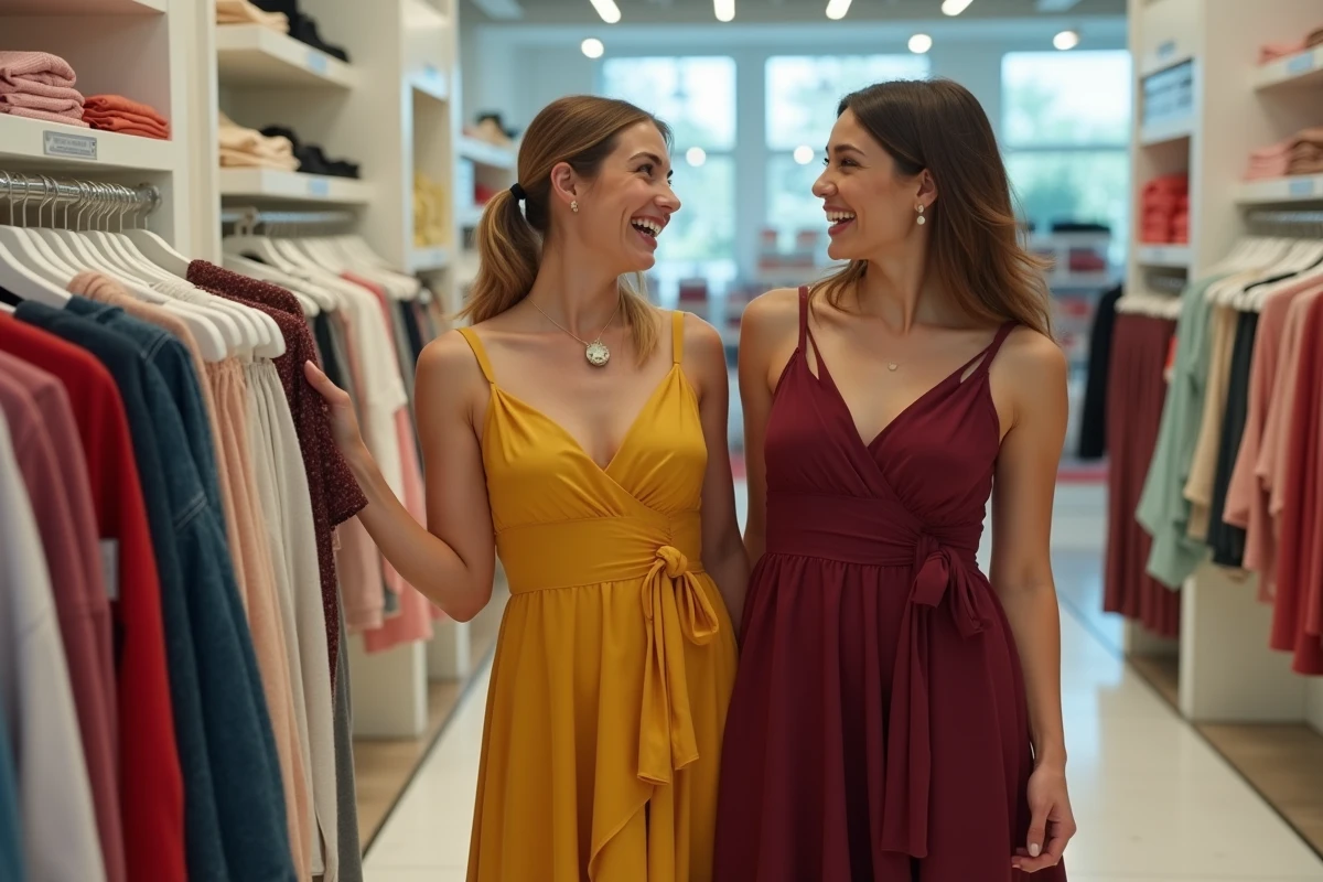 Deux jeunes femmes comparant des robes évasées colorées dans un magasin de vêtements abordable, souriant en tenant des modèles jaune et bordeaux