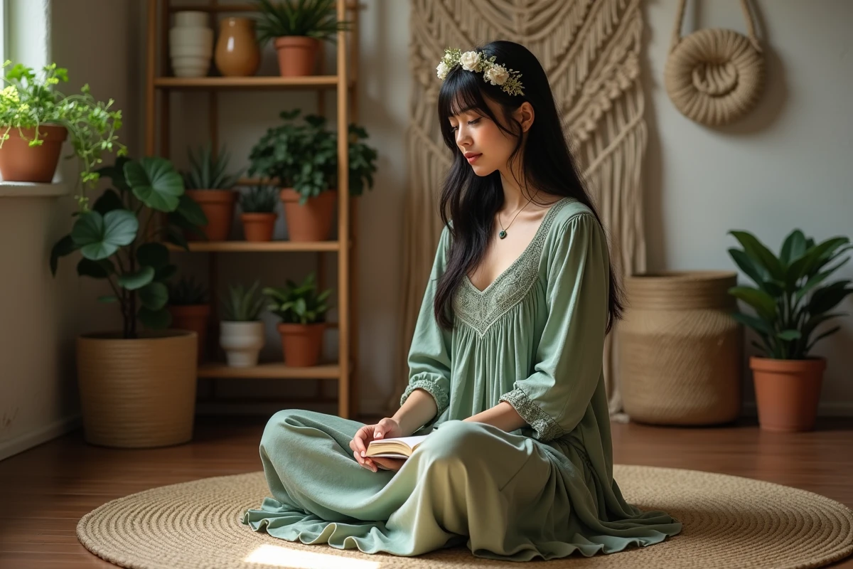 Femme fine en robe hippie à volants verts sauge assise sur un tapis jute dans un intérieur bohème décoré de macramé
