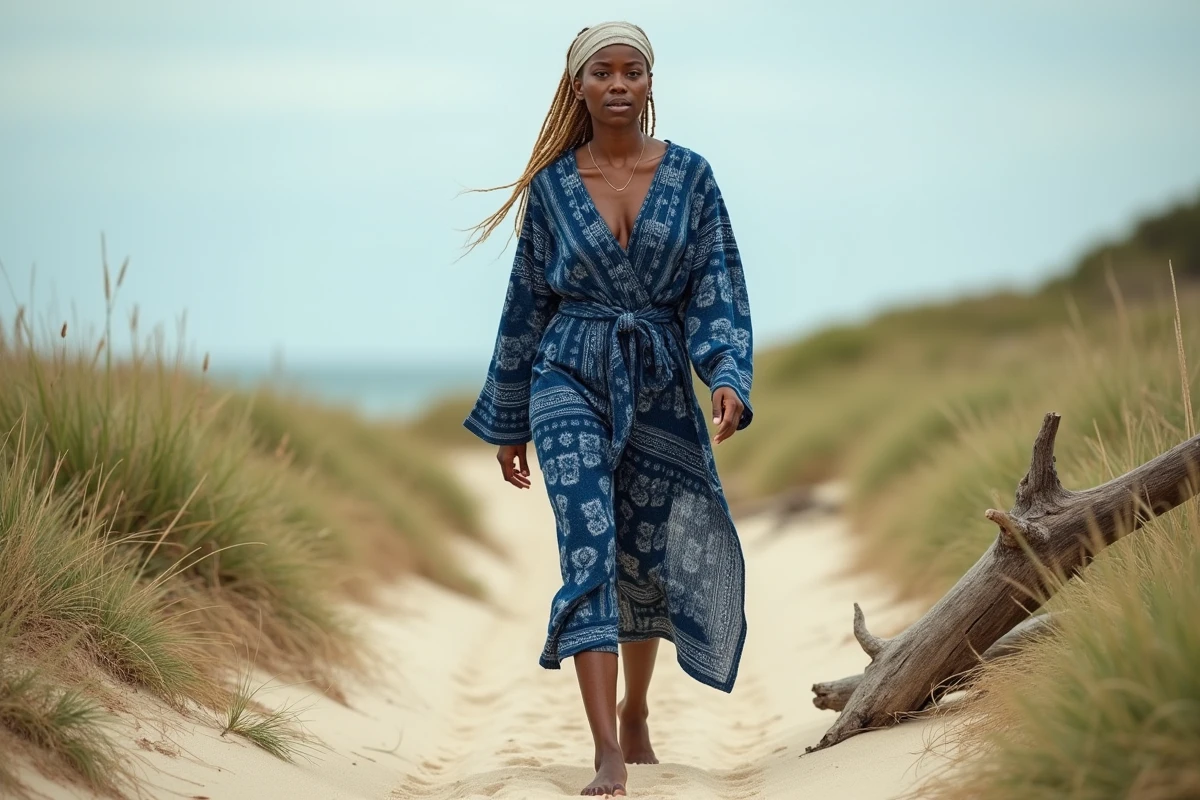 Grande femme athlétique en robe hippie wrap indigo batik marchant pieds nus sur un sentier côtier naturel