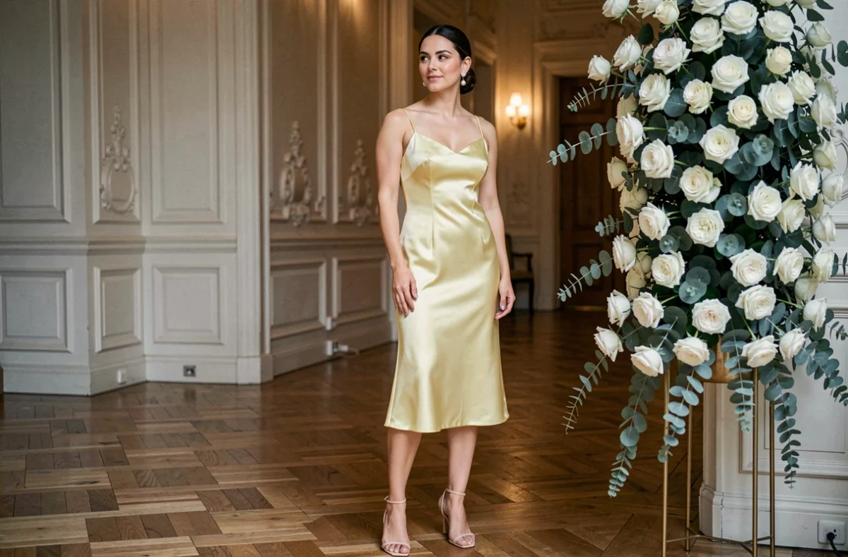 Femme en robe jaune satin élégante à côté d'un grand bouquet de roses blanches dans une salle de réception haussmannienne
