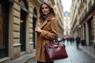 Femme élégante tenant un sac à main en cuir bordeaux à fermoir doré dans une rue pavée parisienne, tendance mode 2026