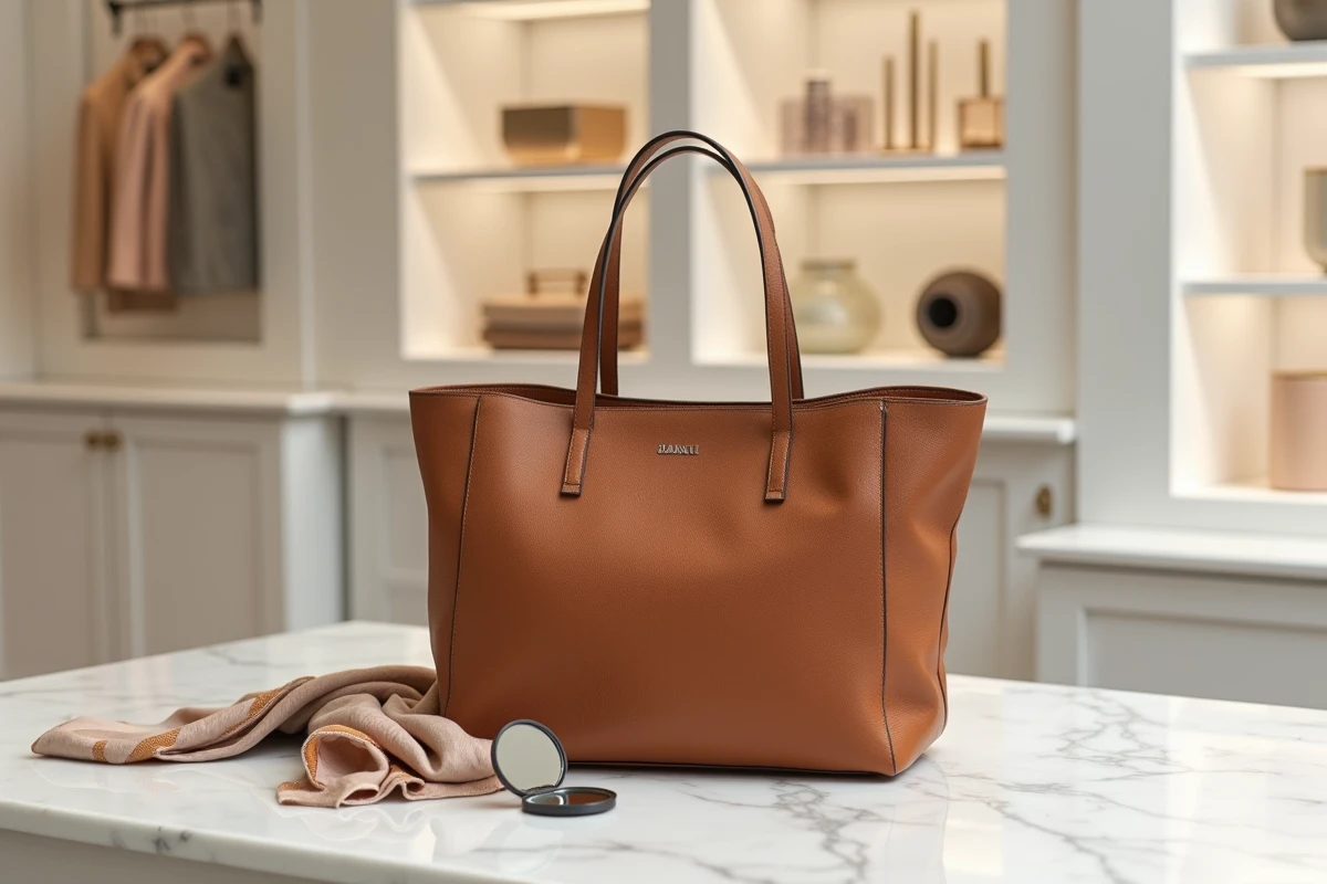Sac cabas en cuir cognac posé sur un marbre blanc dans une boutique de mode, mise en avant des tendances sacs à main 2026