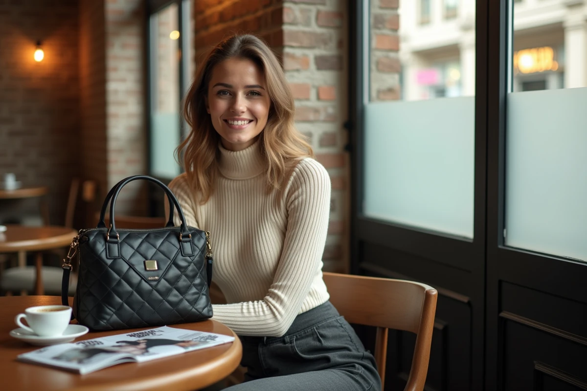 Jeune femme dans un café parisien avec un sac à main matelassé en cuir noir sur la table, style mode automne-hiver 2026
