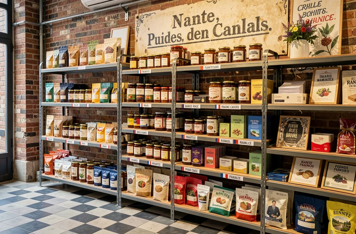 Boutique Sacrés Français! à Nantes avec produits 100% fabriqués en France, conserves artisanales et textile héritage sur étagères industrielles devant un mur de briques apparentes