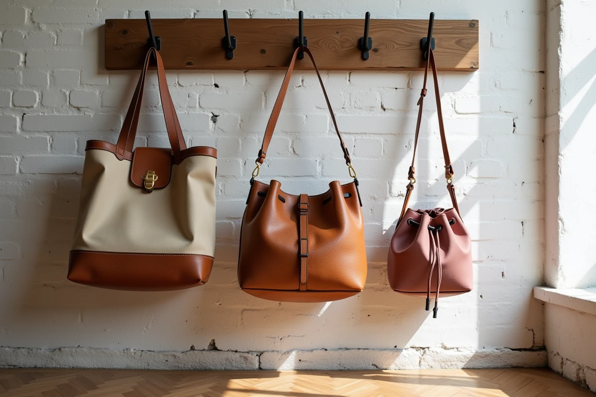 Trois types de sacs suspendus à un porte-manteau en bois vintage dans un appartement parisien au mur en briques