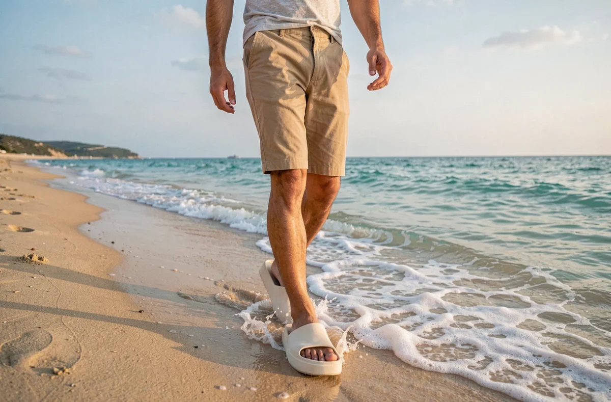 Homme en short chino portant des sandales Billowy plateforme blanches sur une plage de sable fin au bord de l'eau