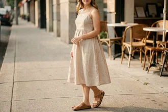 Femme portant des sandales Birkenstock Arizona en cuir tan avec une robe en lin fluide sur un trottoir urbain ensoleillé