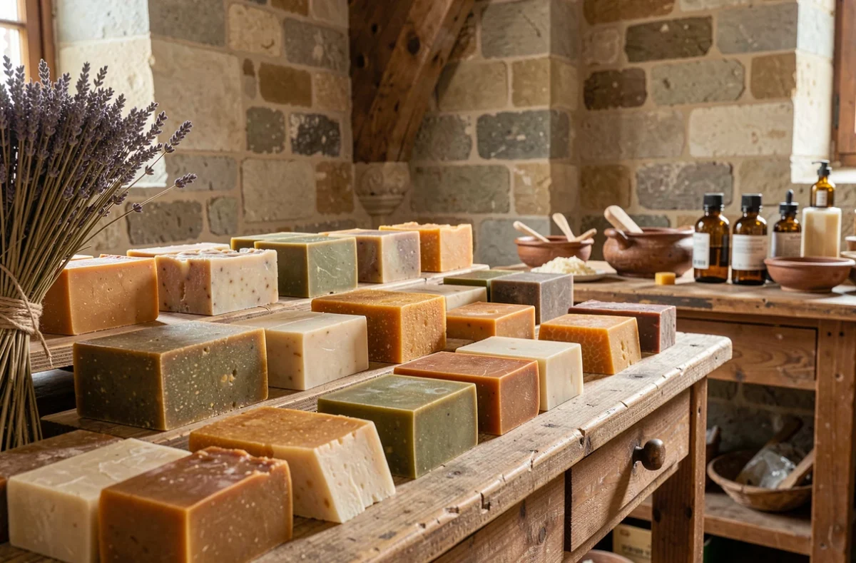 Boutique de La Savonnerie Martin de Candre à Fontevraud-l'Abbaye avec rangées de savons artisanaux aux tons naturels exposés sur des présentoirs en bois dans un intérieur en pierres médiévales