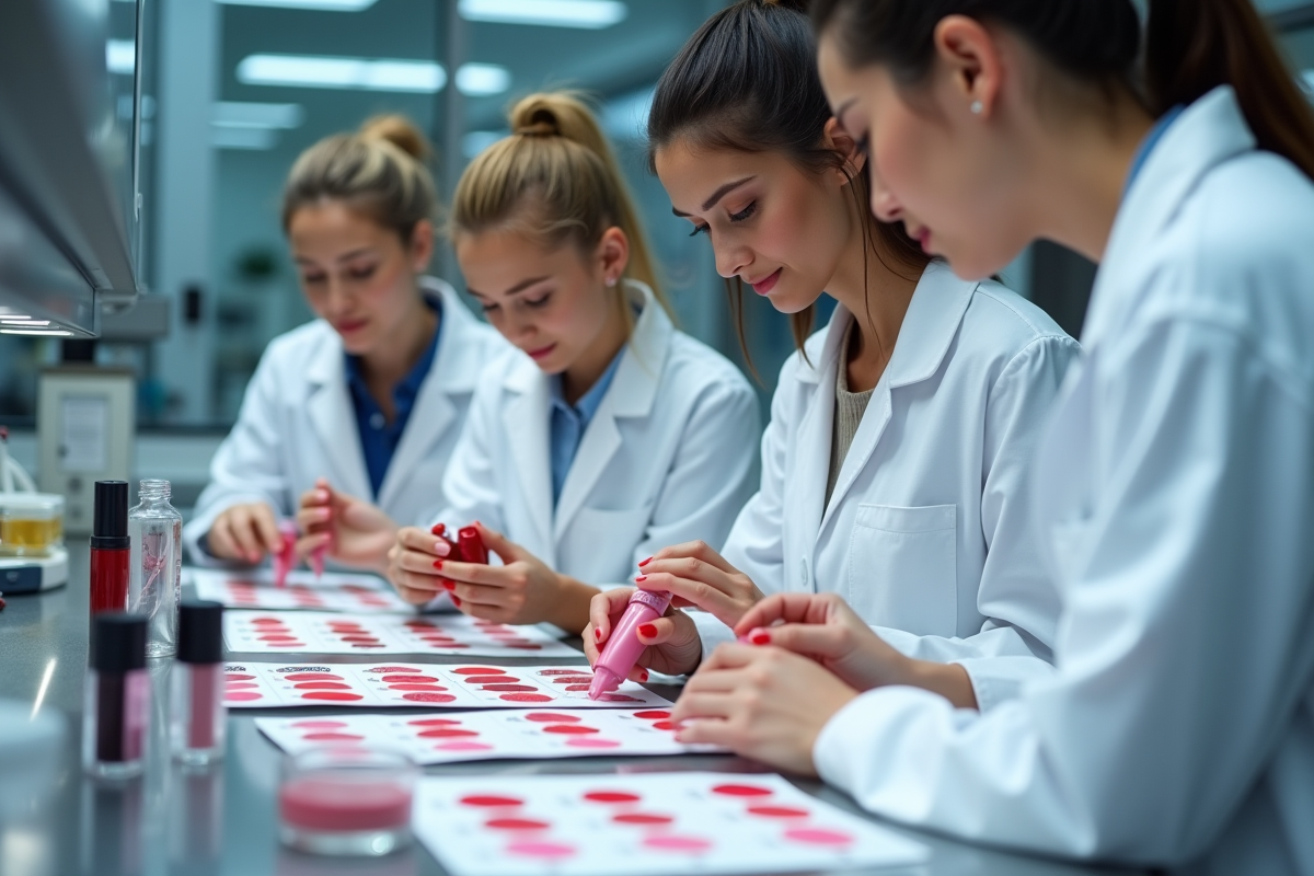 Equipe de scientifiques examinant des échantillons de rouge à lèvres
